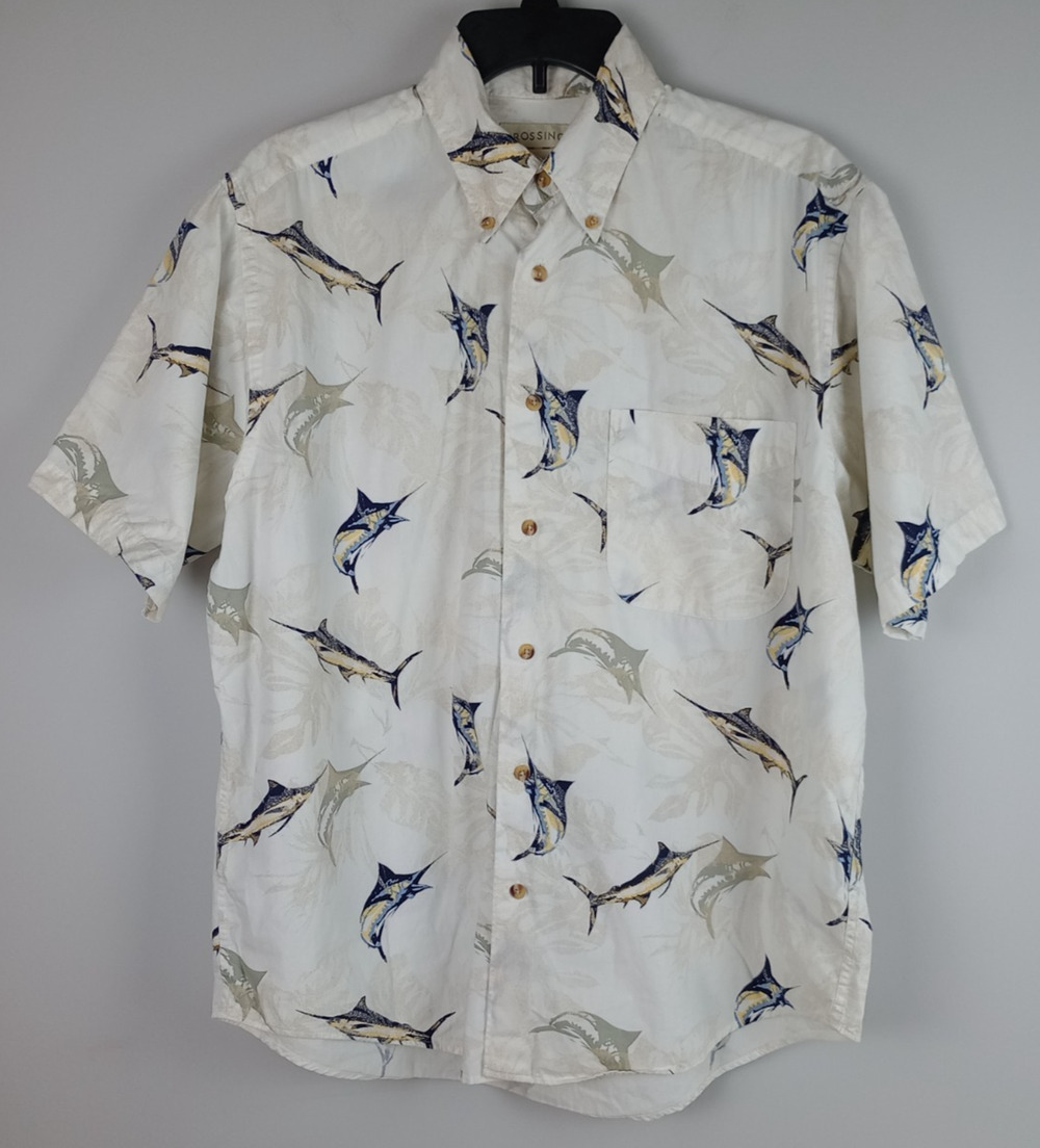Crossings Men M Cream Blue Swordfish Short Sleeve Button Down Collar Shirt